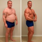 A man in a fat guy suit holding an intermittent fasting protein shake next to a short fat palm tree
